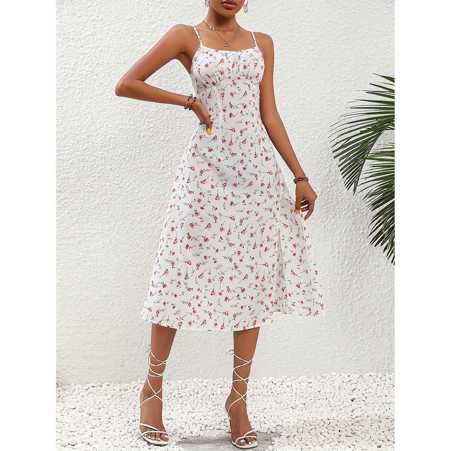 Midi Dress in Dot Print with Side Split - white front view