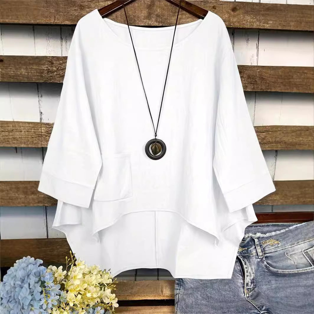 Blouse Tunic with Dipped Hem and Front Pocket - white front view