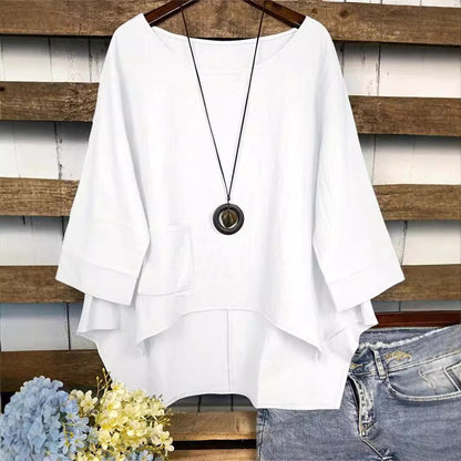Blouse Tunic with Dipped Hem and Front Pocket - white front view