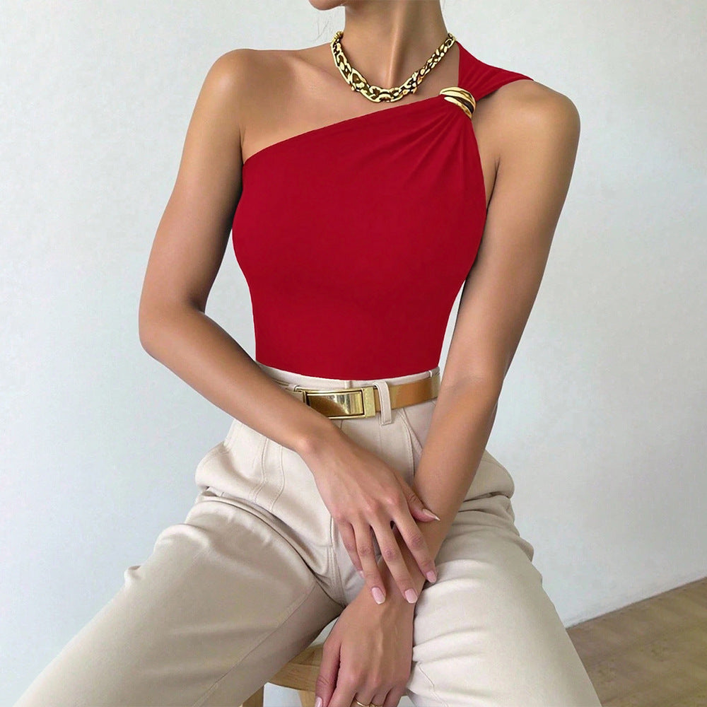 One-Shoulder Top in Red with Gold Ring Detail - red seated front view