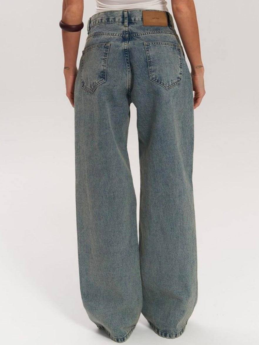 Wide-Leg Distressed Mesh Jeans in Blue - blue back full-length view