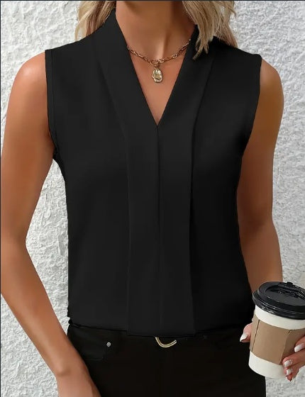 Sleeveless Blouse with Folded V-Neck and Pleat Front - black front view