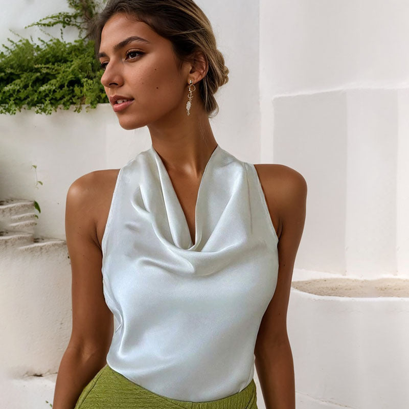 Halter Top in Satin with Cowl Neck - white front close-up