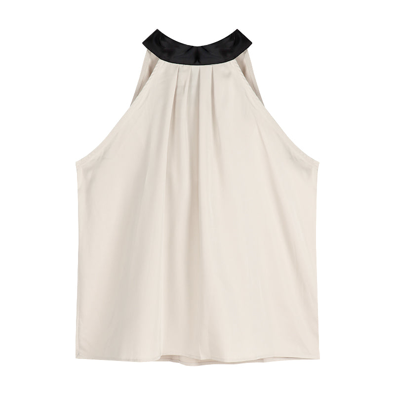 Blouse in Cream Halterneck with Contrast Collar - cream blouse front flat lay