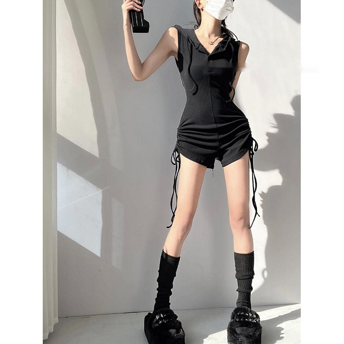Playsuit with Hooded Cowl Neck and Ruched Sides - black full-length view