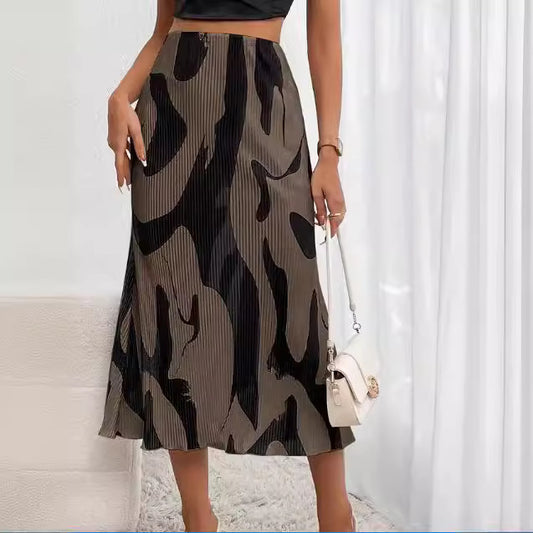 Midi Skirt in Taupe Abstract Print - taupe front view