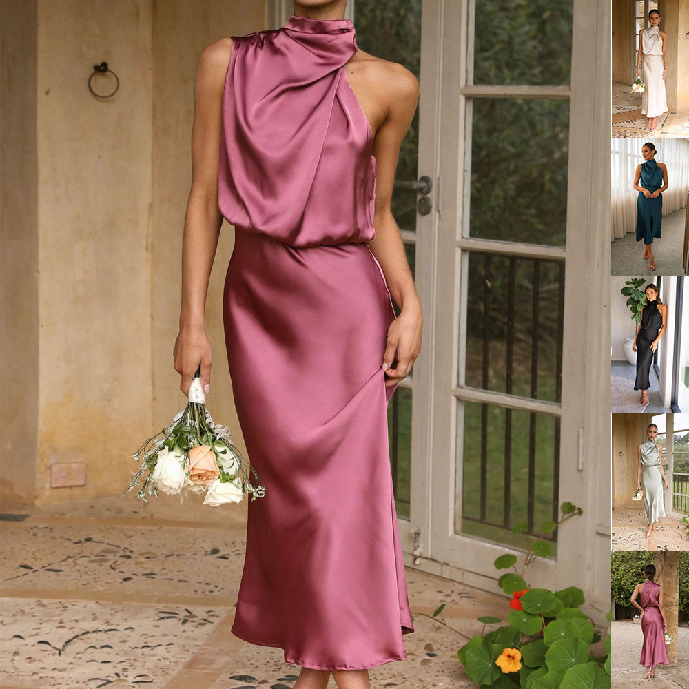 Maxi Dress with Draped Halterneck and Satin-Feel Finish - Burgundy draped neckline front view