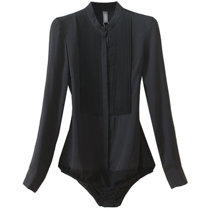 Bodysuit Blouse in Pleated Chiffon with Stand Collar - black front view