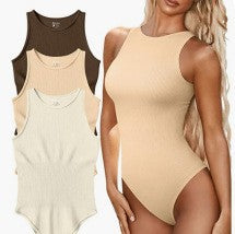 Bodysuit in Ribbed Cotton, Sleeveless Crew Neck - beige front studio composite