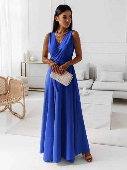 Maxi Dress with Wrap V-Neck and Tie Waist - blue front view