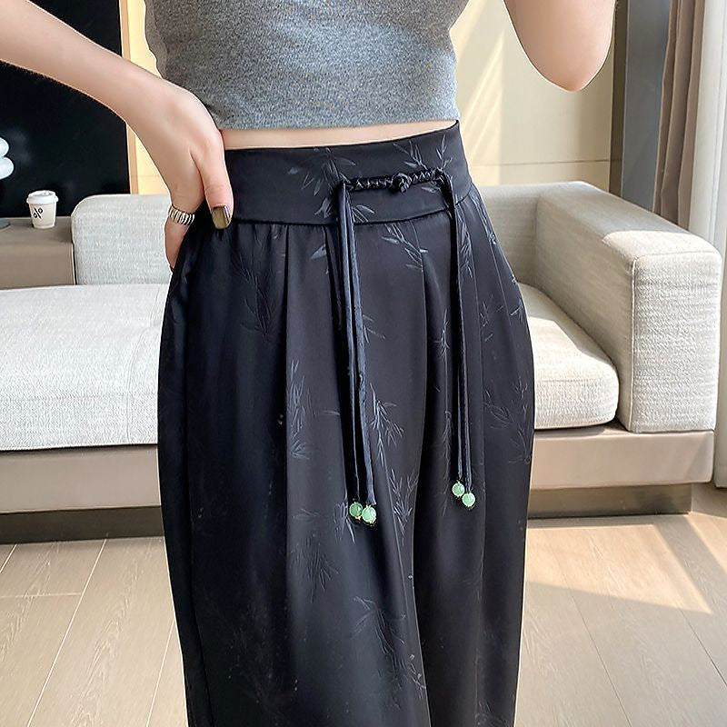 Wide-Leg Trousers in Satin-Feel Jacquard - black waist detail