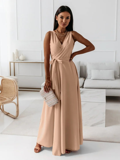 Maxi Dress with Wrap V-Neck and Tie Waist - khaki front view
