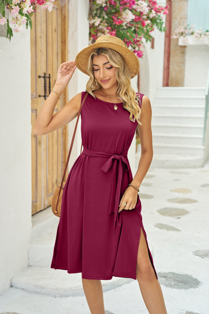 Midi Dress with Tie Waist, Pockets and Side Slits - wine red full-length front