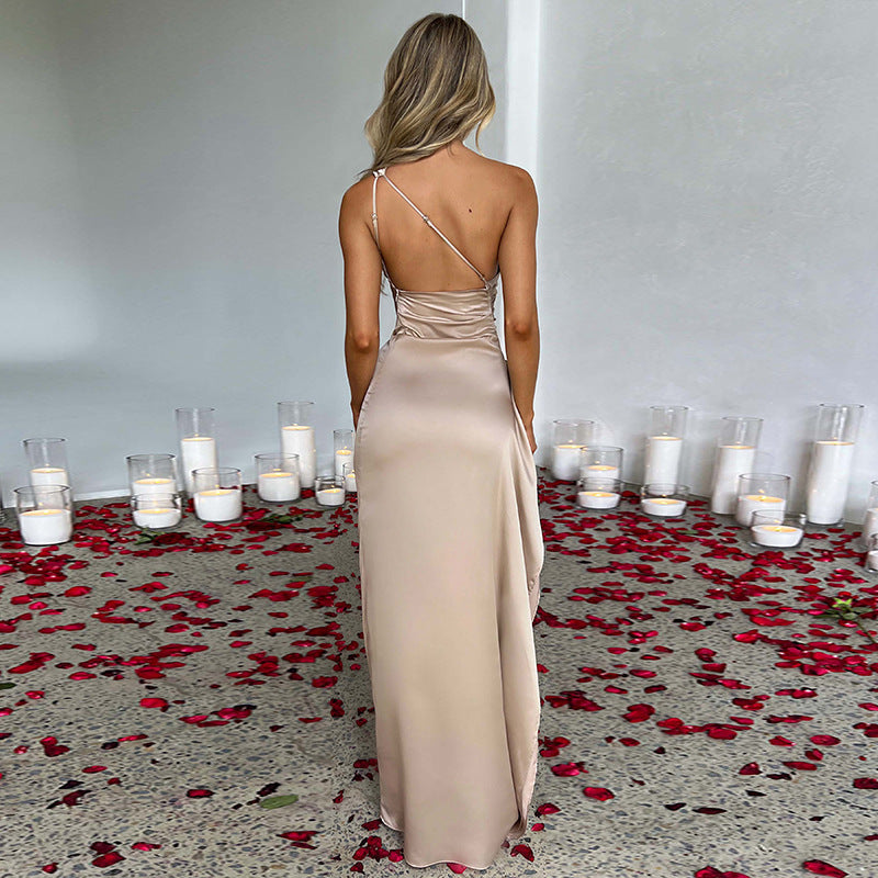 Maxi Dress in Satin with One-Shoulder Open Back and Split - apricot back view
