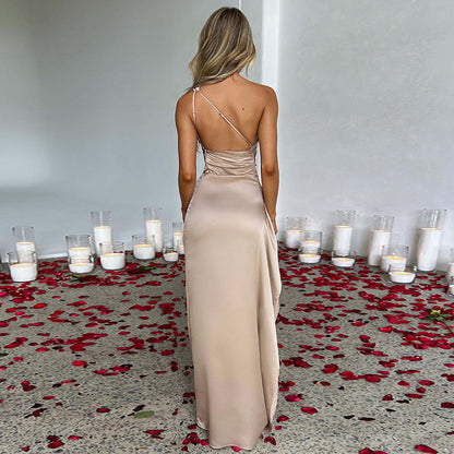 Maxi Dress in Satin with One-Shoulder Open Back and Split - apricot back view