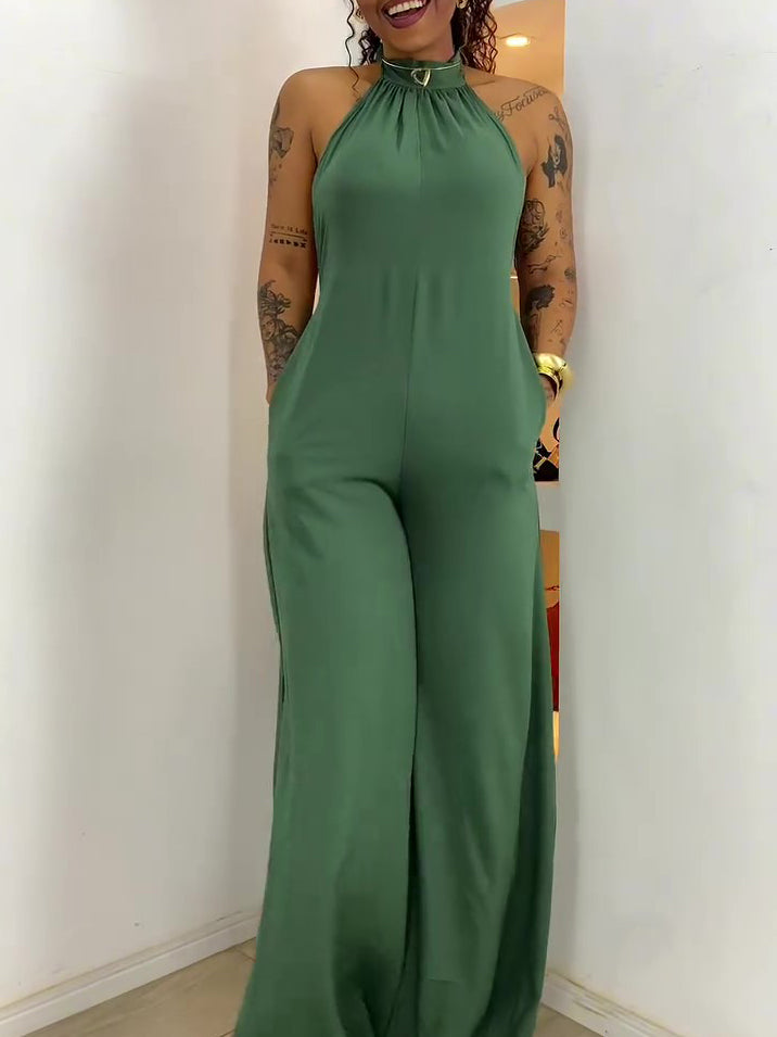 Halter-Neck Backless Wide-Leg Jumpsuit in Green - relaxed front view