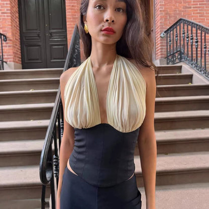 Halter Top in Black with Draped Cream Bust - black and cream close front view
