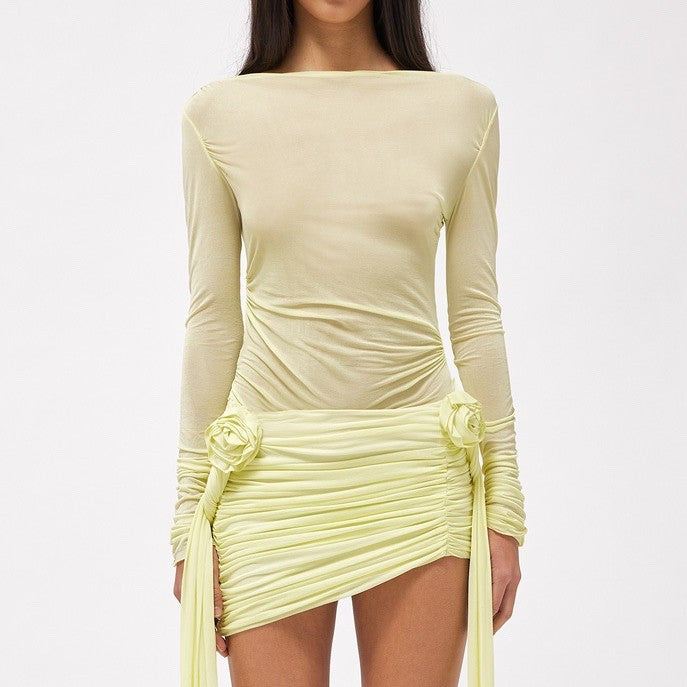 Top with Boat Neck and Draped Front in Lemon, Blue and Taupe - lemon close-up front detail