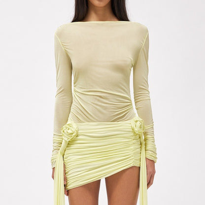Top with Boat Neck and Draped Front in Lemon, Blue and Taupe - lemon close-up front detail