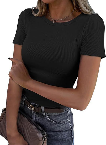 T-Shirt in Sculpting Ribbed Stretch - black front view