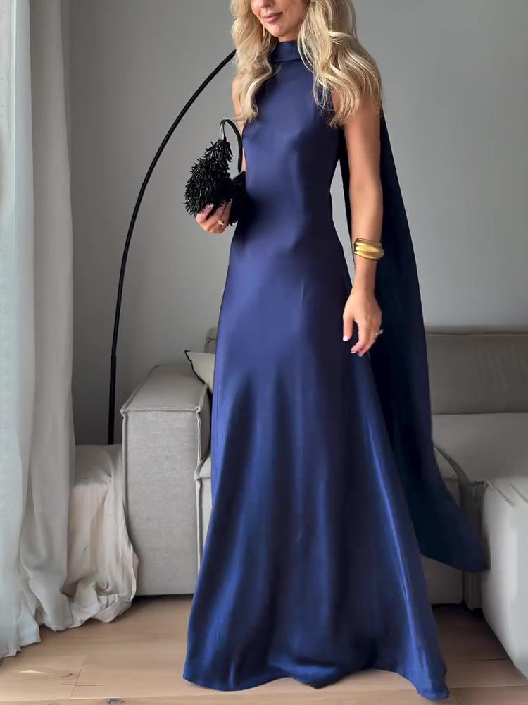 Maxi Dress in Royal Blue Satin with Draped Scarf Neck - front view