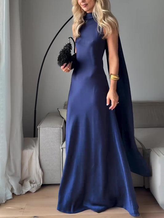 Maxi Dress in Royal Blue Satin with Draped Scarf Neck - front view
