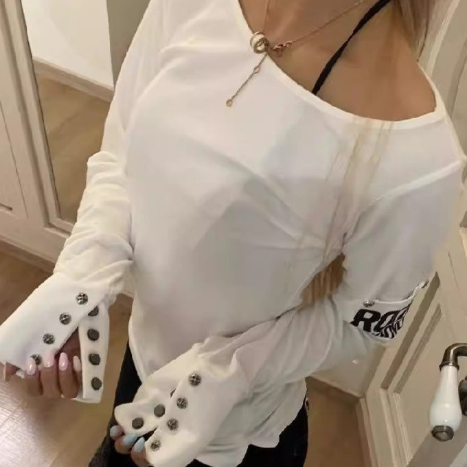 Long-Sleeve Top in White with Open-Back Graphic - white front close-up