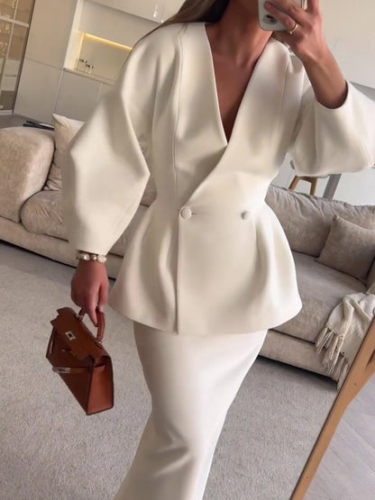 Maxi Skirt Suit in Ivory with Sculpted Blazer - ivory angled front view with handbag