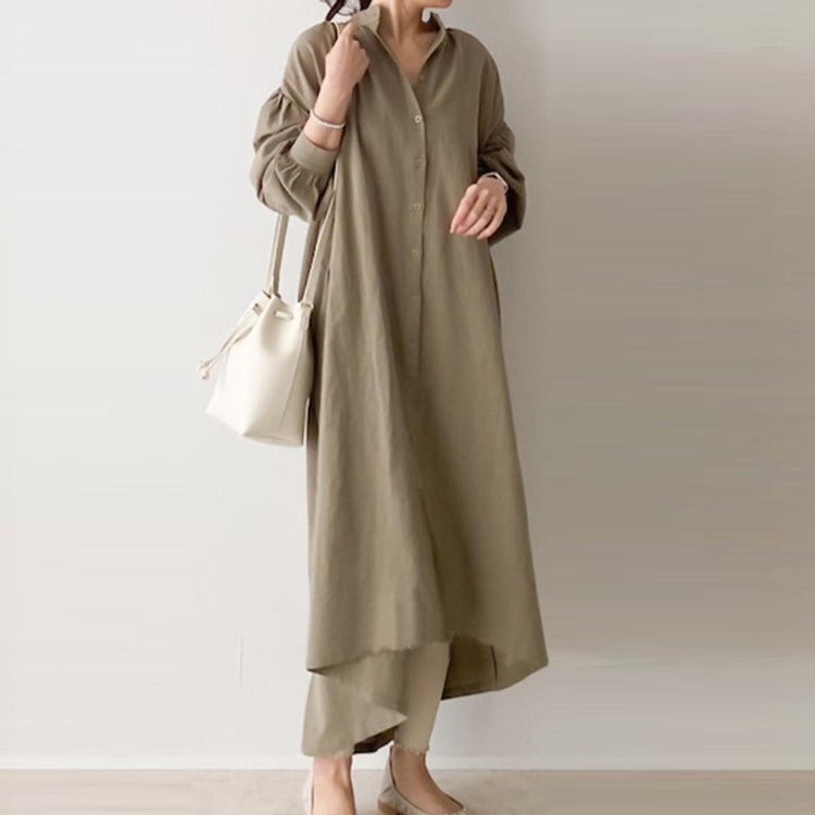 Maxi Shirt Dress in Soft Khaki - khaki front full-length view