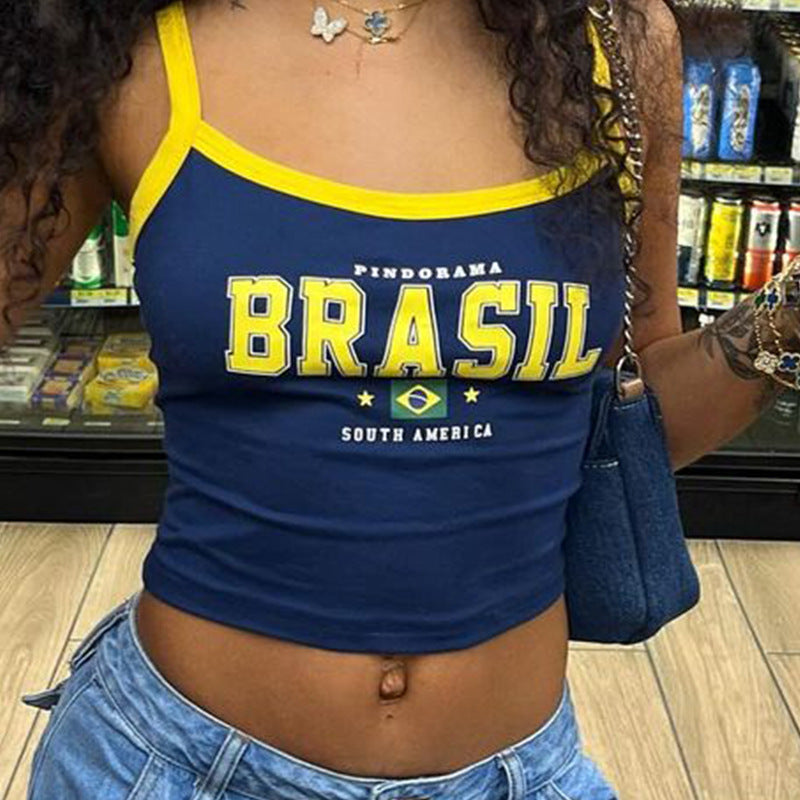 Graphic Crop Top in Y2K Contrast-Trim Styles - navy Brasil cami front