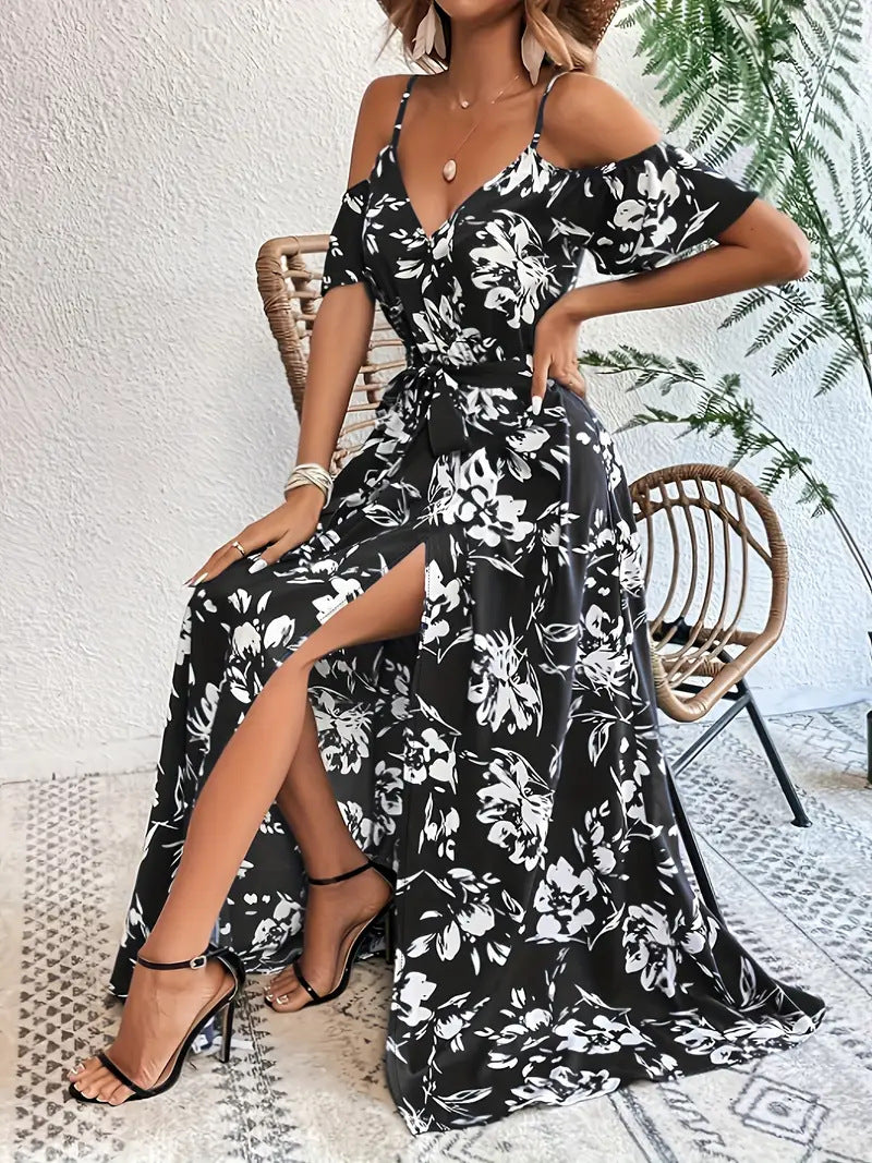 Maxi Dress in Floral Bardot Split-Hem - black seated split detail