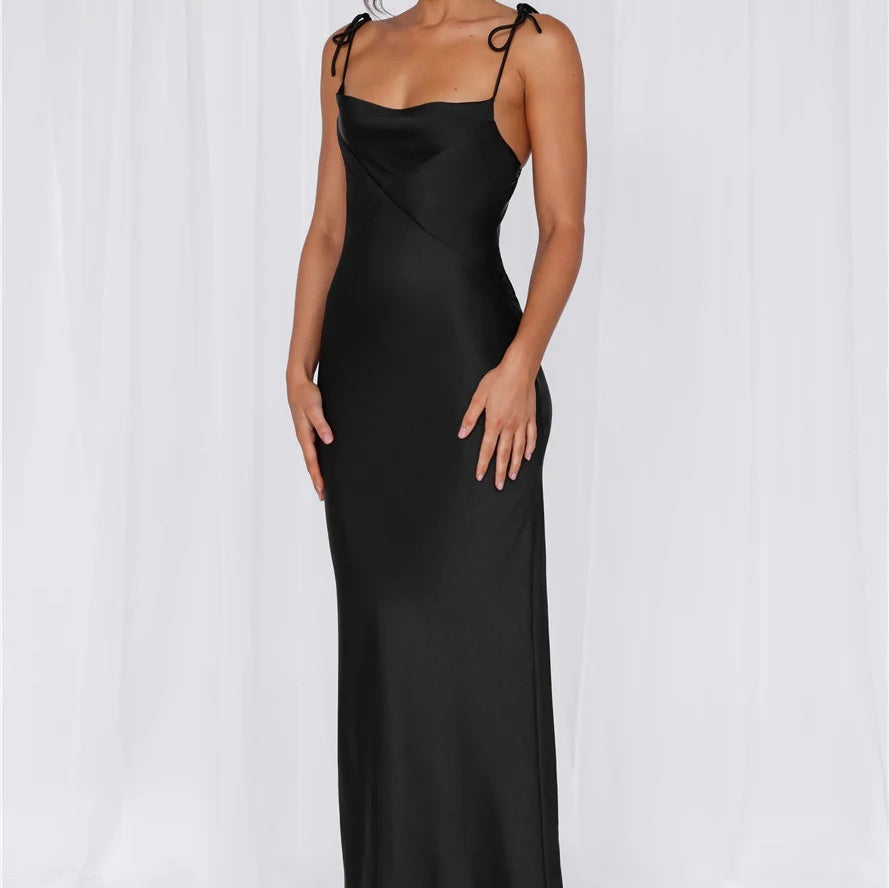 Maxi Dress in Satin with Tie-Shoulder Straps - Black front view