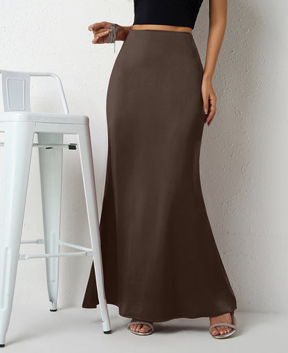 Maxi Skirt in Satin Bias Cut - Dark brown front view with stool