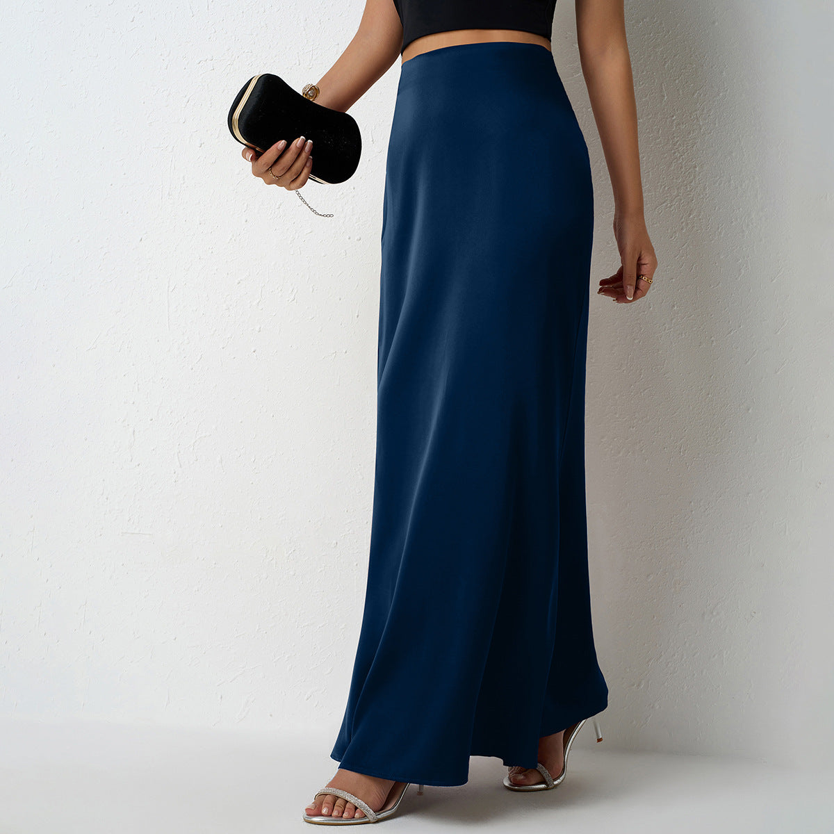 Maxi Skirt in Satin Bias Cut - Dark blue styled front with clutch