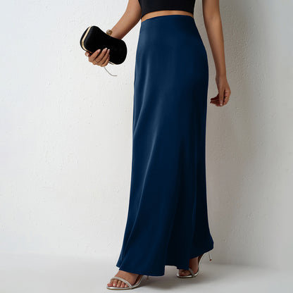 Maxi Skirt in Satin Bias Cut - Dark blue styled front with clutch