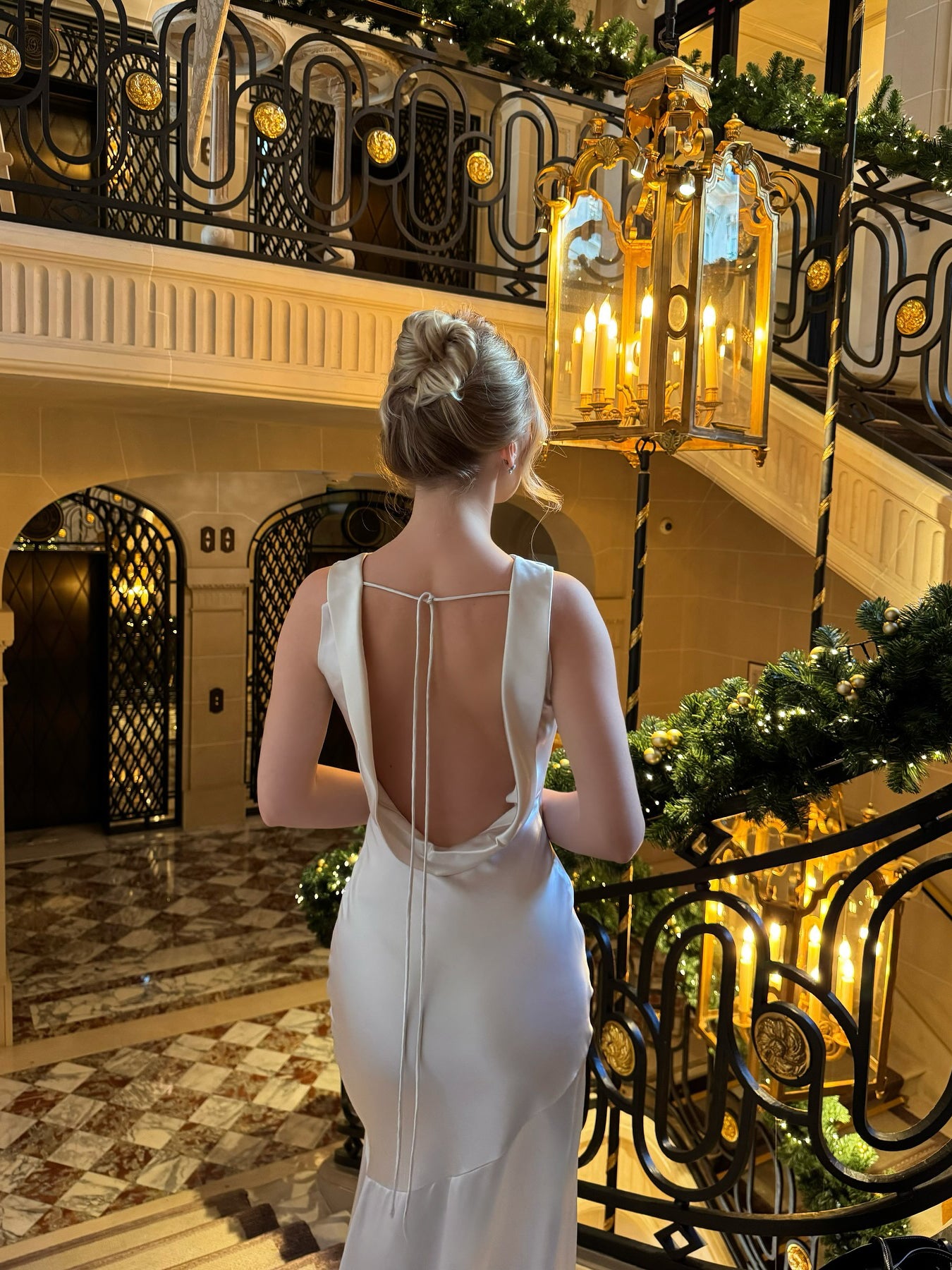 Maxi Dress in White Satin with Draped Collar and Open Back - white back detail view