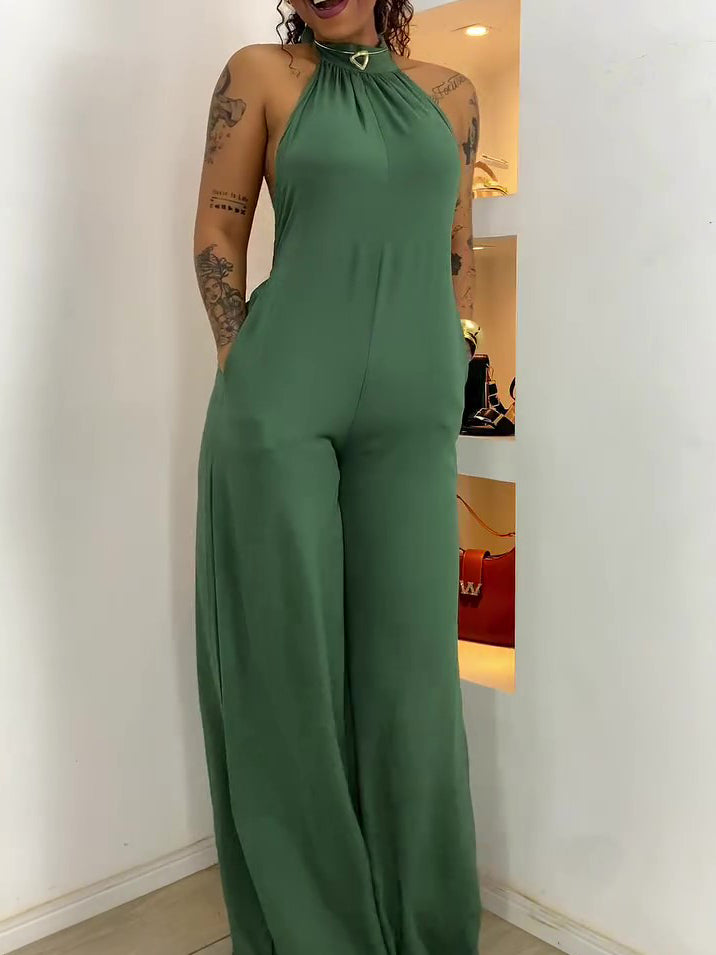 Halter-Neck Backless Wide-Leg Jumpsuit in Green - front angle