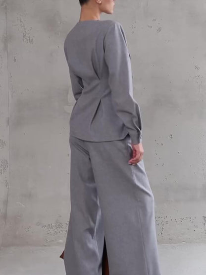 Asymmetric V-Neck Top & Wide-Leg Trouser Co-Ord in Grey - grey back full view