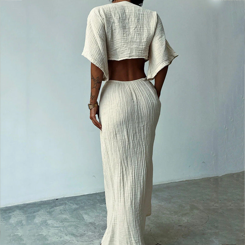 Maxi Dress with Tie-Front Cut-Out - milky white back view