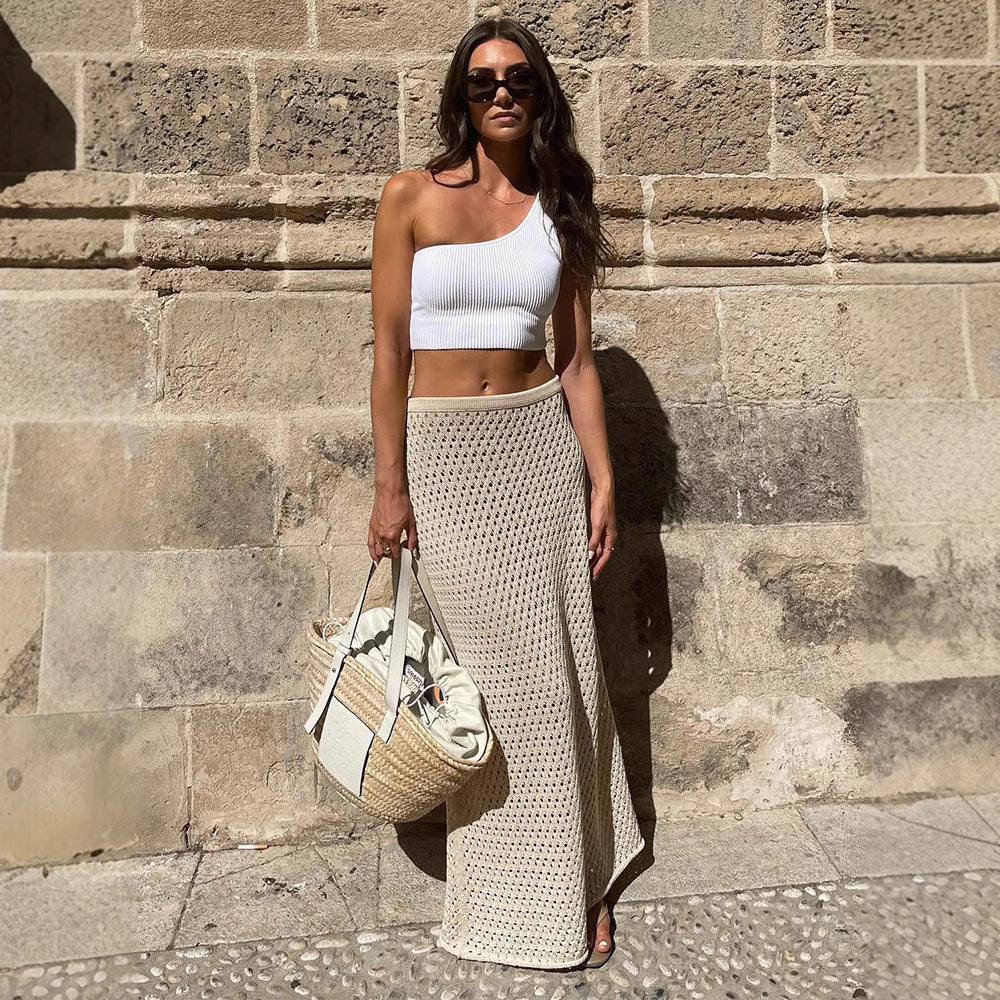 Maxi Beach Cover-Up Skirt in Open-Knit Crochet - beige full-length front view