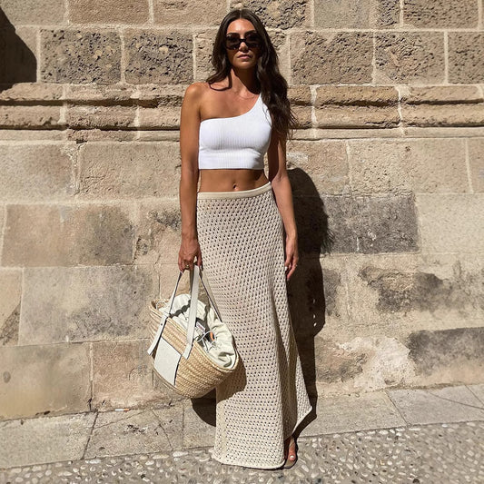 Maxi Beach Cover-Up Skirt in Open-Knit Crochet - beige full-length front view