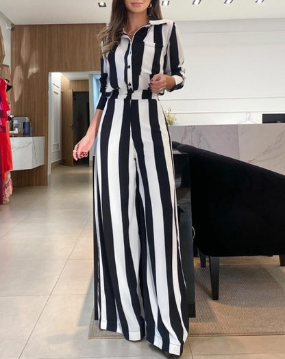Shirt & Wide-Leg Trouser Co-ord in Black and White Stripe - front full-length lifestyle