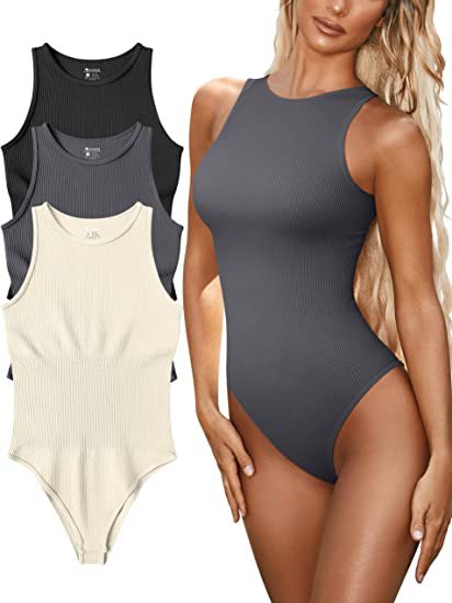 Bodysuit in Ribbed Cotton, Sleeveless Crew Neck - dark grey front studio composite