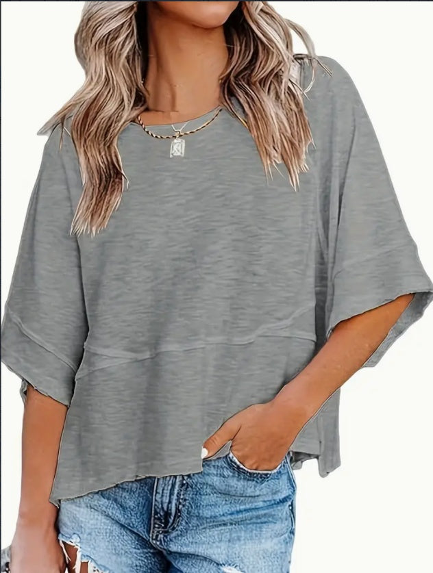 T-Shirt with Boxy Loose Fit and Turn-Up Sleeves - grey front view