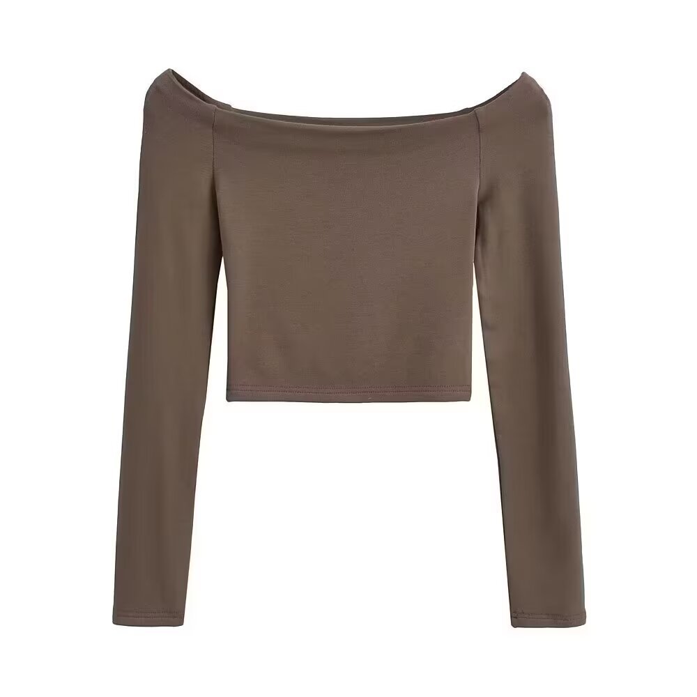 Bardot Long Sleeve Crop Top in Black, White and Neutrals - coffee front view