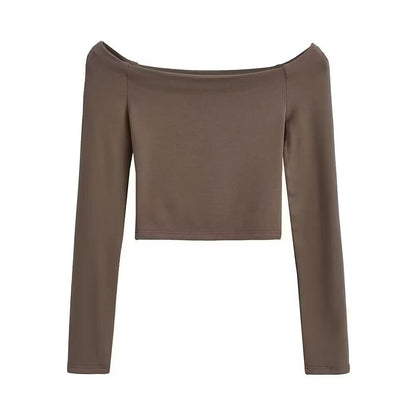 Bardot Long Sleeve Crop Top in Black, White and Neutrals - coffee front view