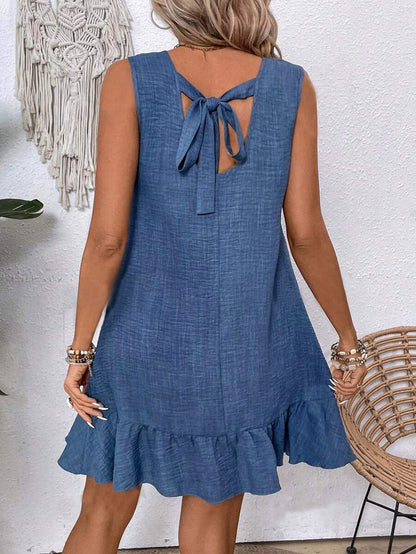 Mini Dress with Ruffle Hem and Sleeveless Swing Fit - sapphire blue back view with tie neckline