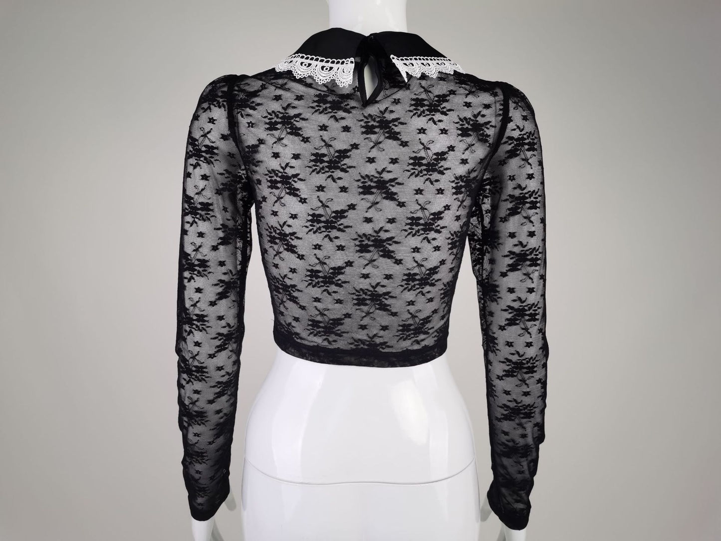 Crop Top in Sheer Black Lace with Pearl Collar - black back mannequin view