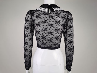 Crop Top in Sheer Black Lace with Pearl Collar - black back mannequin view