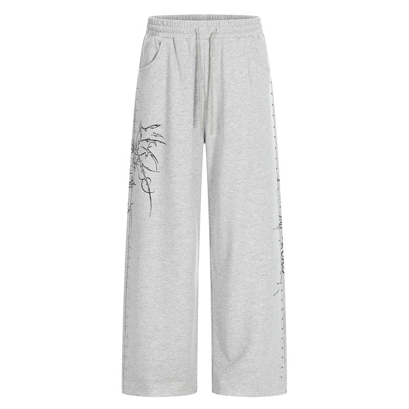 Wide-Leg Joggers with Thorn Print in Grey or Navy - grey front view